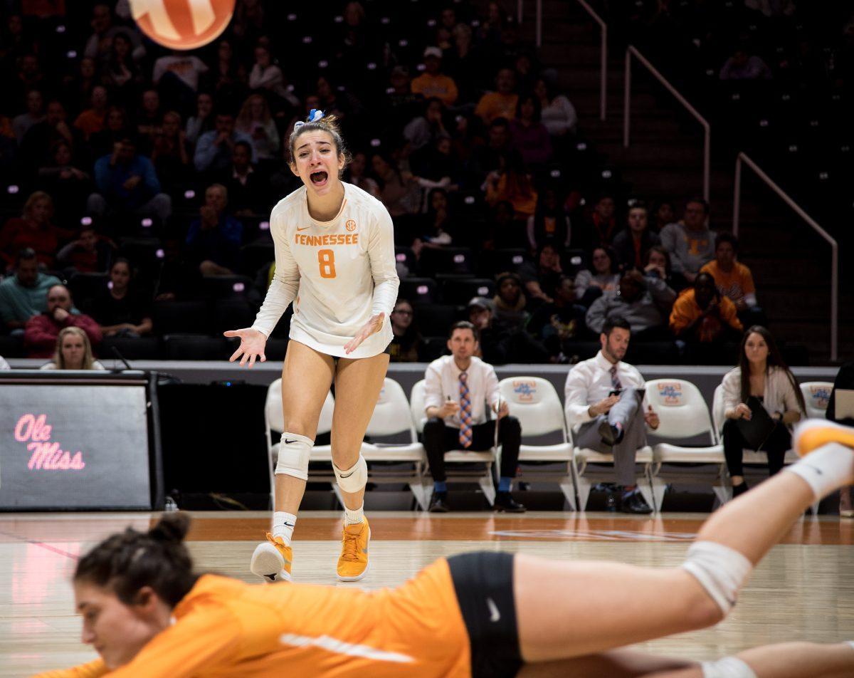 Callie Williams, #8, reacts to a play during game against Ole Miss on Nov. 24, 2018 at Thompson-Boling Arena.