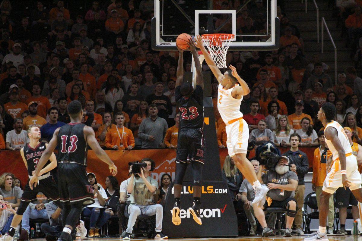 Grant Williams, #2, goes up to block a shot during game against Lenior-Rhyne on Nov. 6, 2018 at Thompson-Boling Arena.