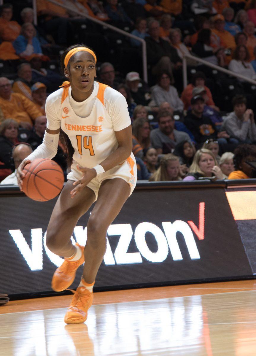Zaay Green, #14, dribbles the ball during game against Presbyterian on Nov. 11, 2018 at Thompson-Boling Arena. 