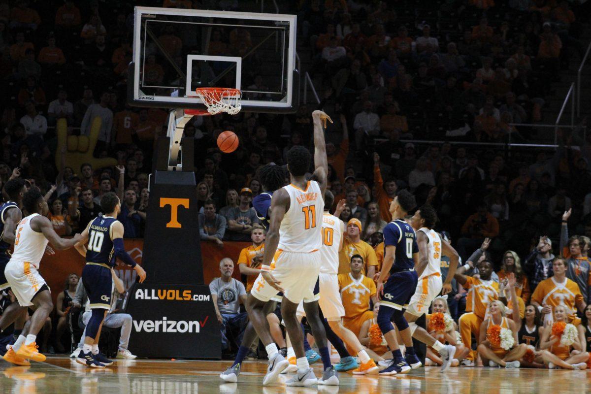 Kyle Alexander, #11, scores during game against Georgia Tech on Nov. 13, 2018 at Thompson-Boling Arena. 