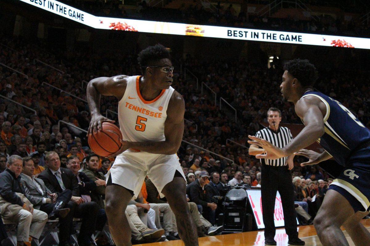 Admiral Schofield, #5, holds the ball during game against Georgia Tech on Nov. 13, 2018 at Thompson-Boling Arena. 