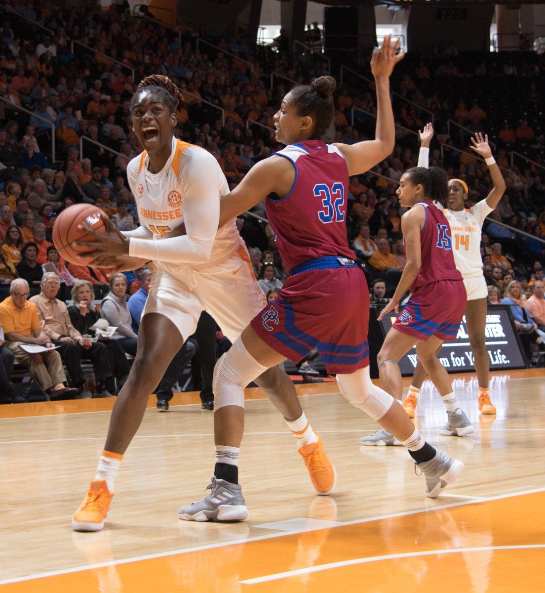 Cheridene Green, #15 , fights off defender during game against Presbyterian on Nov. 11, 2018 at Thompson-Boling Arena. 