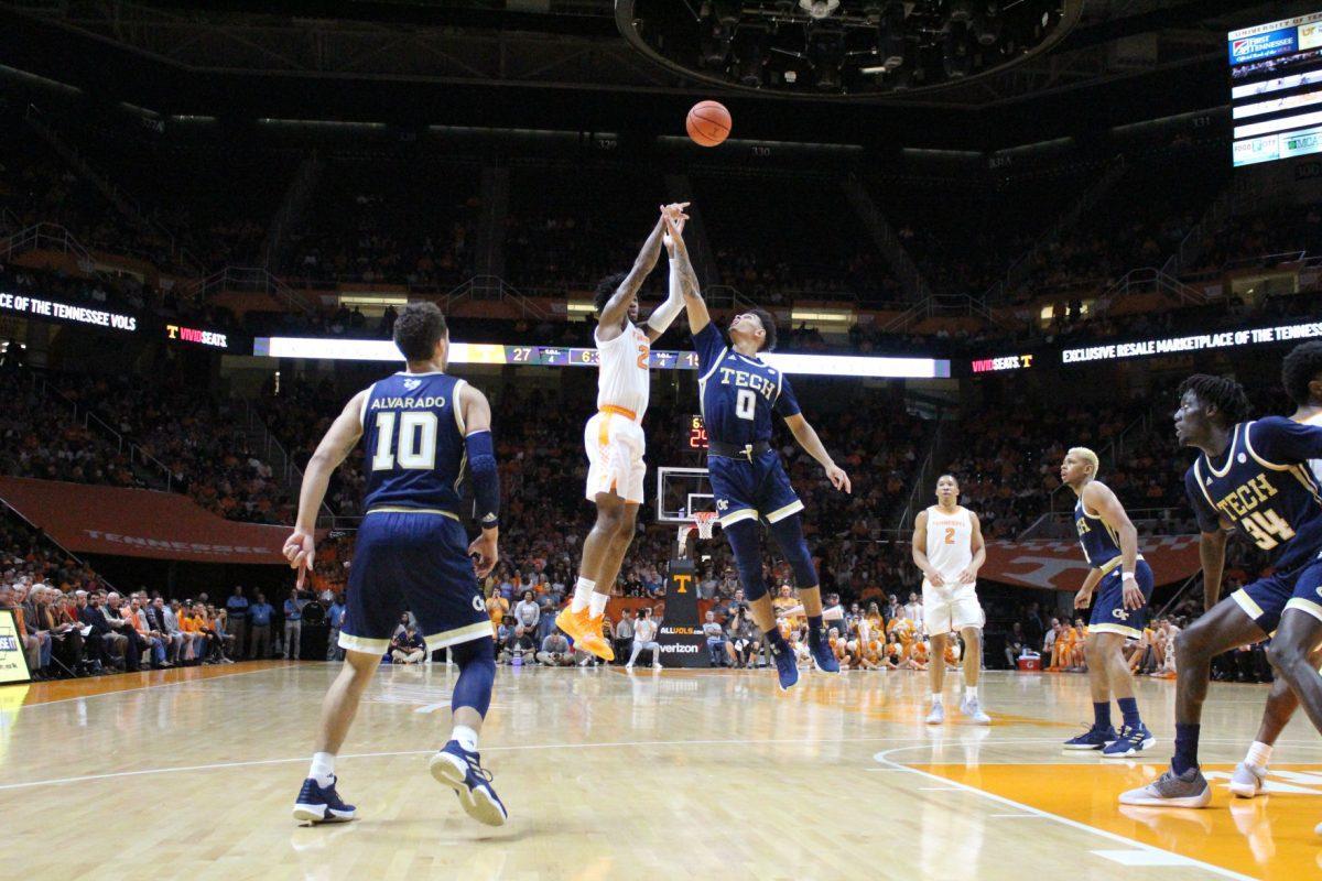 Jordan Bowden, #23, shoots the ball during game against Georgia Tech on Nov. 13, 2018 at Thompson-Boling Arena. 