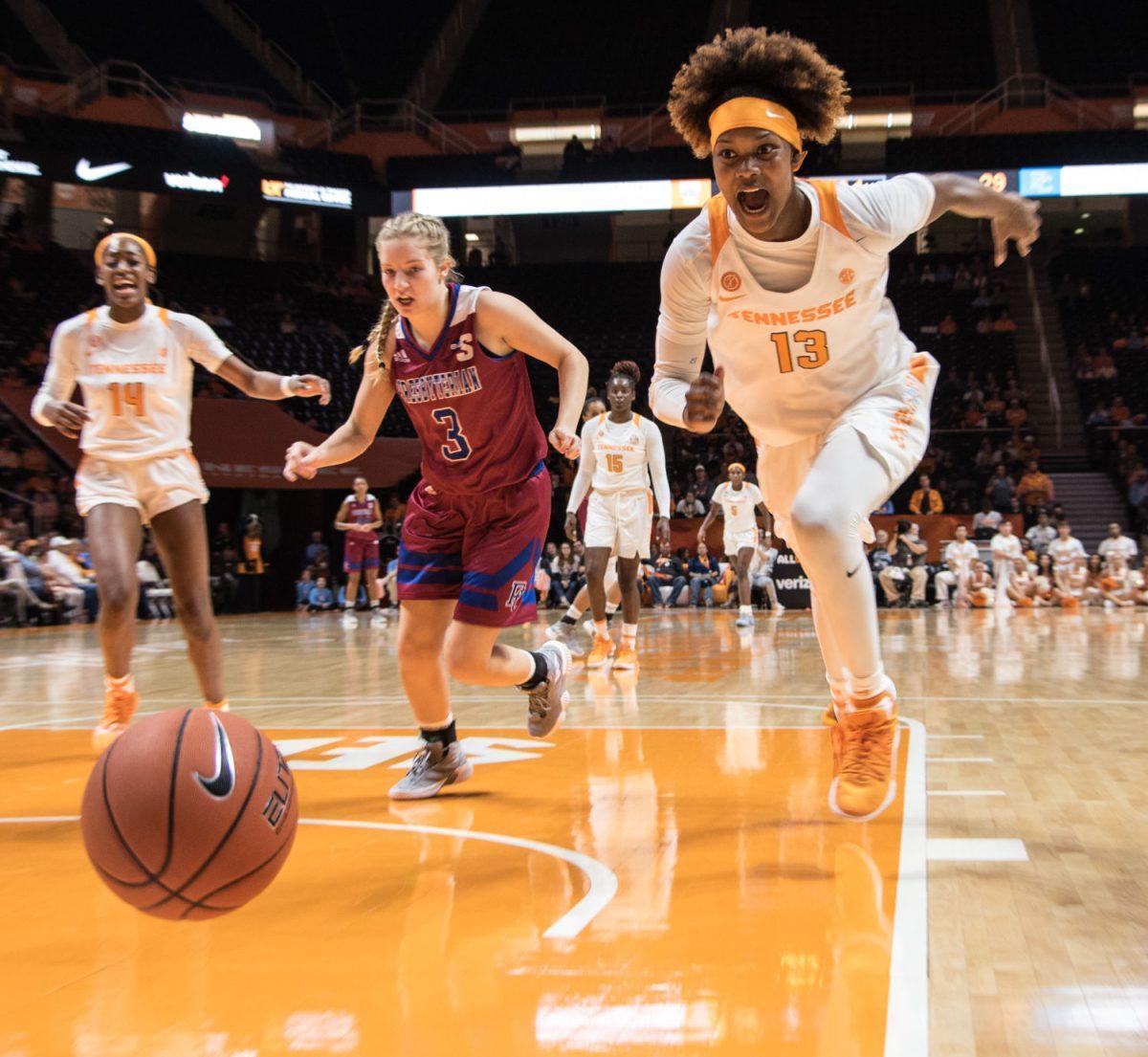 Jazmine Massengill, #13, runs to the ball during game against Presbyterian on Nov. 11, 2018 at Thompson-Boling Arena. 