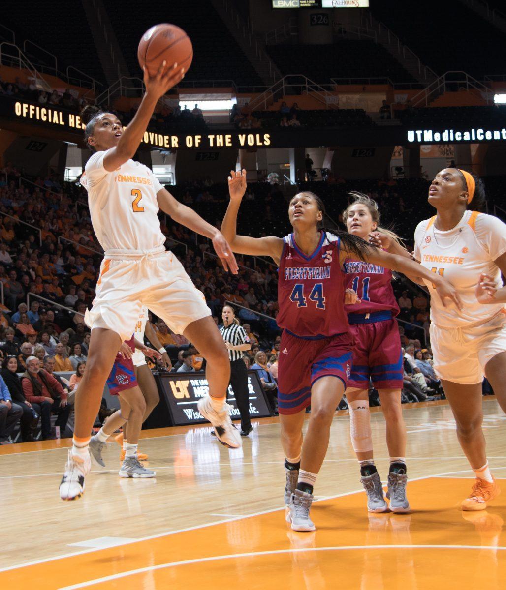 Evina Westbrook, #2 , does a layup during game against Presbyterian on Nov. 11, 2018 at Thompson-Boling Arena. 