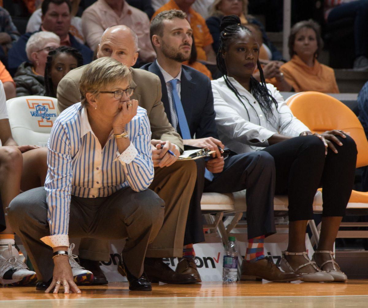 Head Coach Holly Warlick watches the Lady Vols against Presbyterian on Nov. 11, 2018 at Thompson-Boling Arena. 