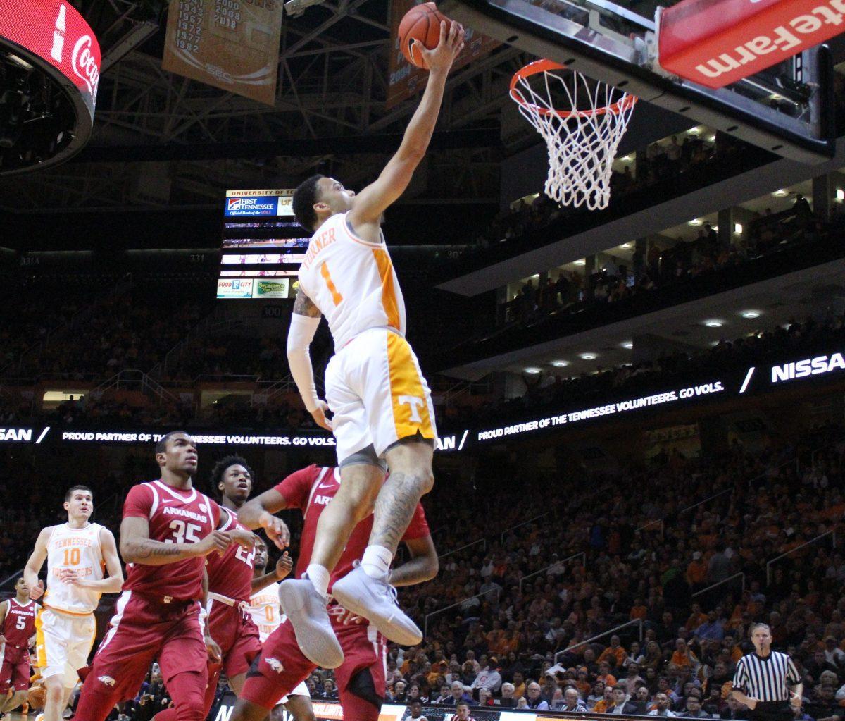 Lamonte Tuner, #1, goes up for a layup during game against Arkansas on Jan. 15, 2019 at Thompson-Boling Arena