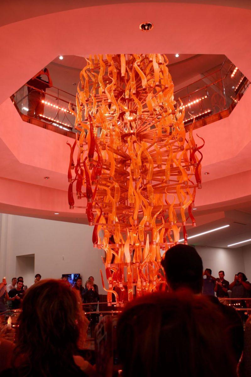 The new glass torch sculpture, in the Student Union spans through each level of the second phase of the Student Union.