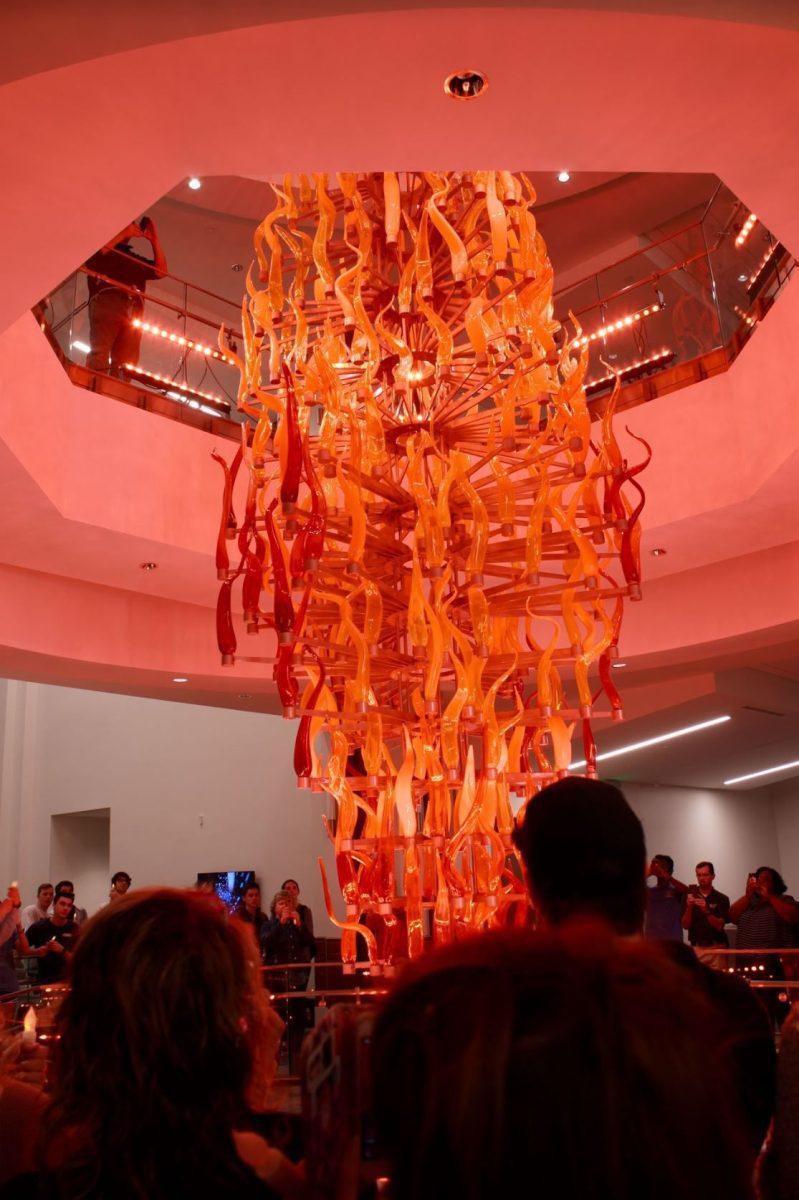 The new glass torch sculpture, in the Student Union spans through each level of the second phase of the Student Union.