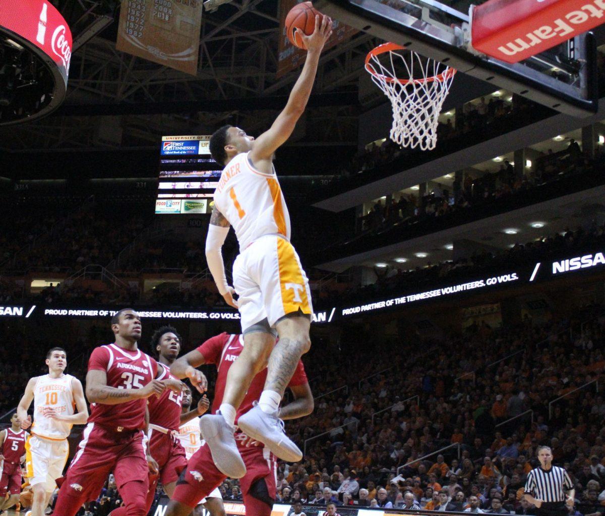 Lamonte Tuner, #1, goes up for a layup during game against Arkansas on Jan. 15, 2019 at Thompson-Boling Arena