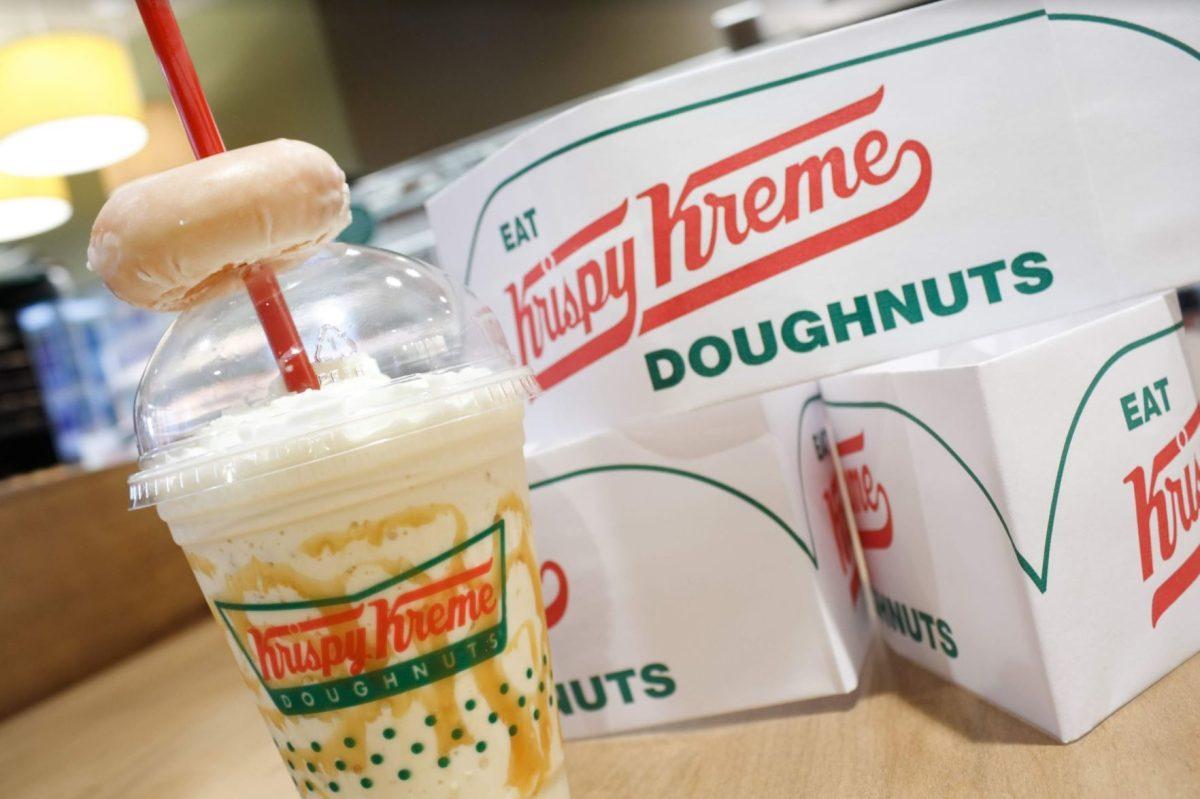 Krispy Kreme serves a salty caramel ice cream milkshake with a caramel drizzle and original glazed infused ice cream topped with their original glazed doughnut. 