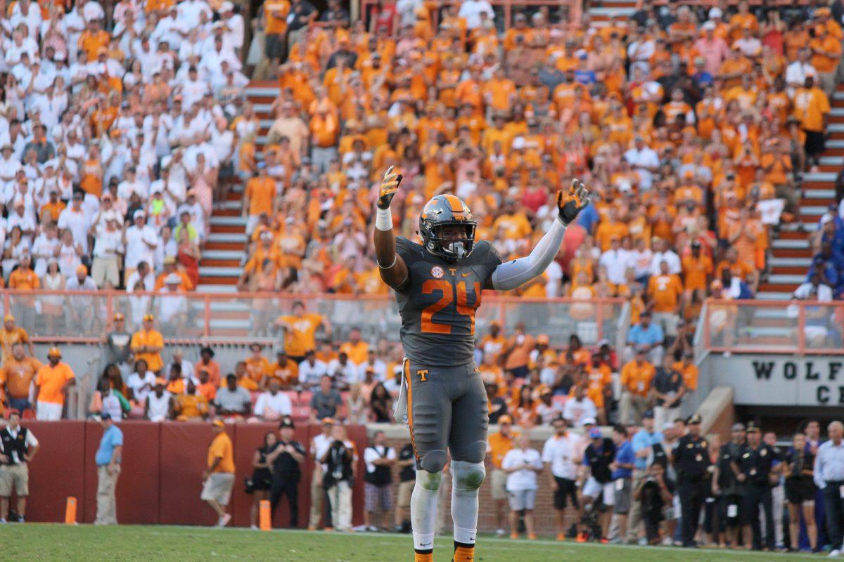 Todd Kelly Jr., #24, pumps up the crowd against Florida on Saturday, Sep. 24, 2016.
