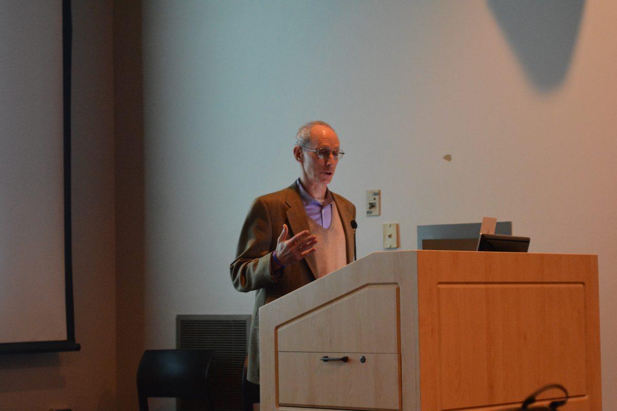 Peter Aronson delivers a presentation on Bronislaw Huberman on Jan. 24, 2019 in Hodges Library. 