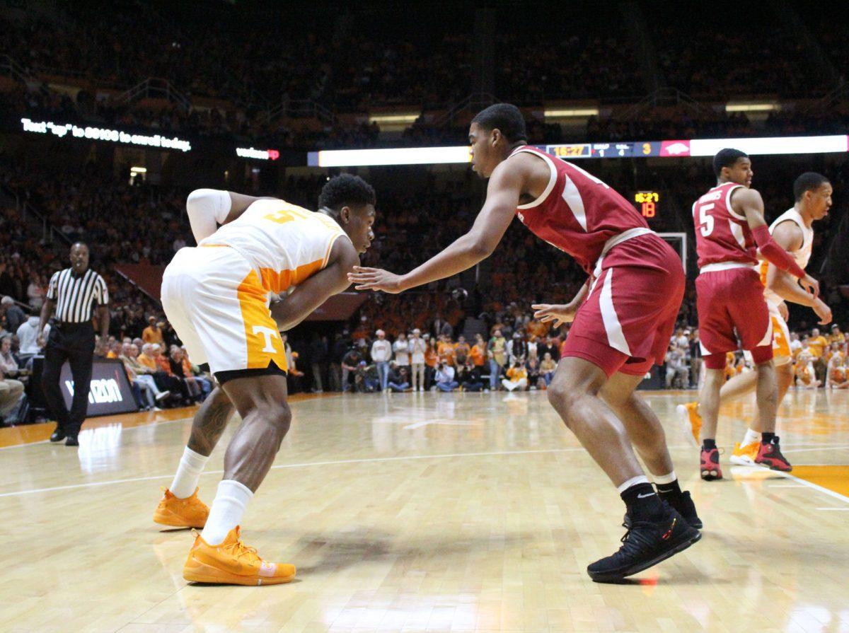 Admiral Schofeild, #5, against Arkansas defender during game on Jan. 15, 2019 at Thompson-Boling Arena