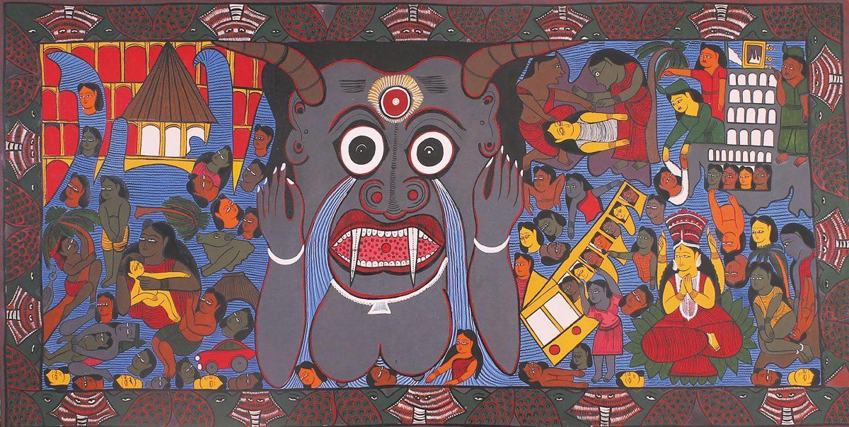 Swarna Chitrakar, Tsunami, 2005, fabric paint on canvas.© 2015, Courtesy of BINDU modern Gallery, Photo credit: Sneha Ganguly.