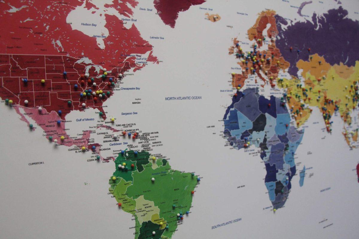 Each pin on a board represents the home countries of international students at the University of Tennessee. 