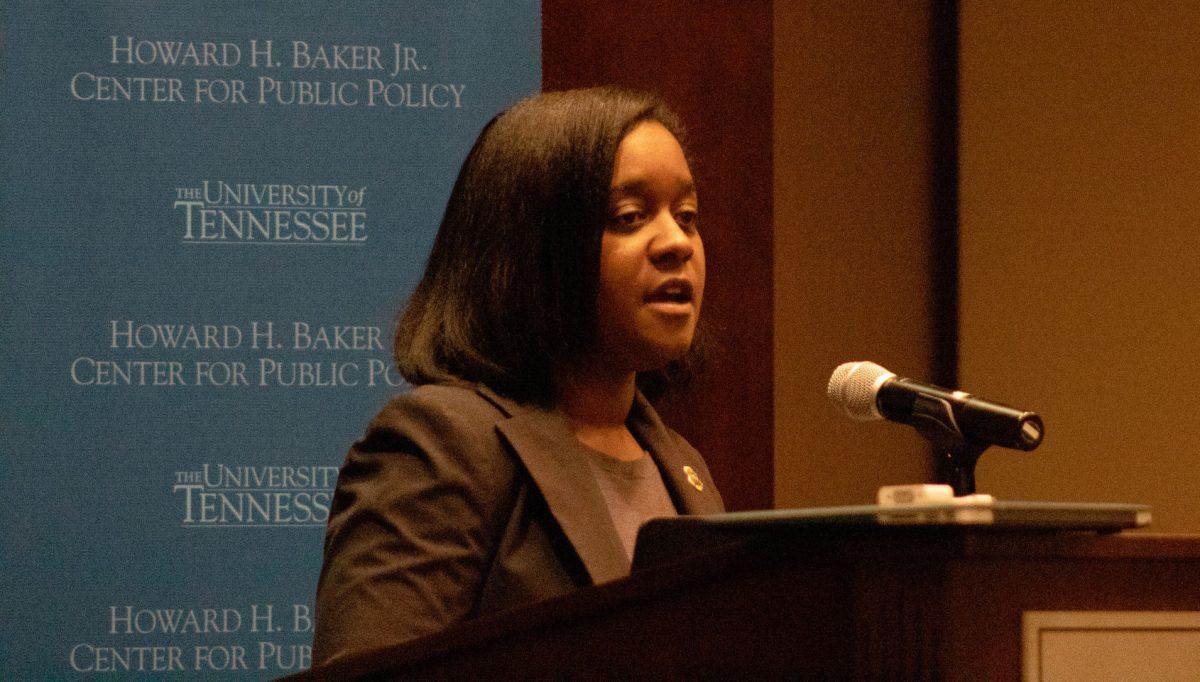 Jamesena Walker, a special agent for the Tennessee Bureau of Investigation, presented on human trafficking in the Knoxville area Feb. 5, 2019 in the Howard Baker Center.