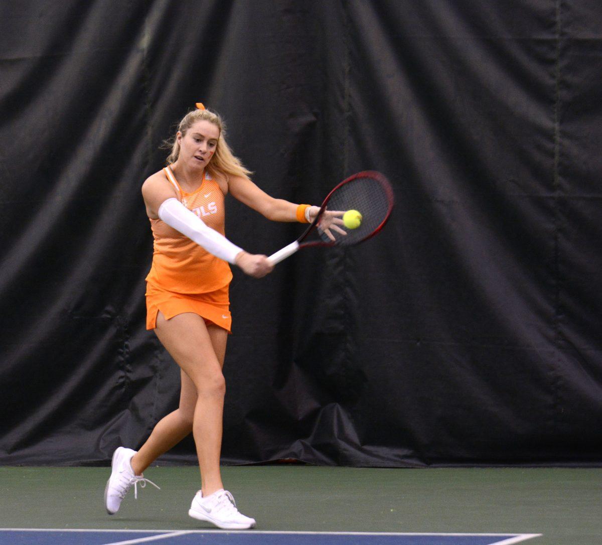 Kaitlin Staines during match against UT Martin on Feb. 24, 2019 at Good Friend Tennis Center. 