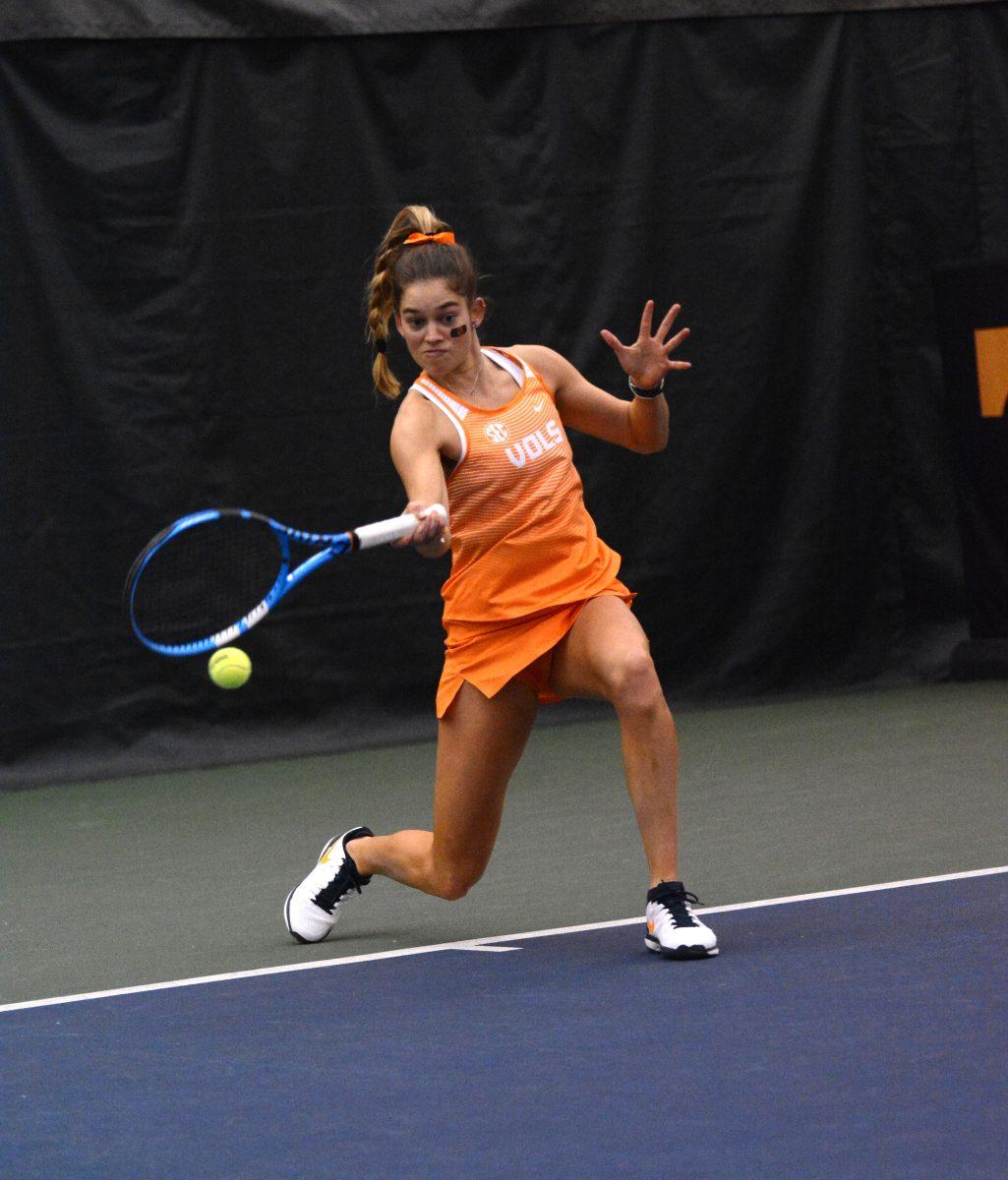 Maia Haumuller during match against UT Martin on Feb. 24, 2019 at Good Friend Tennis Center. 