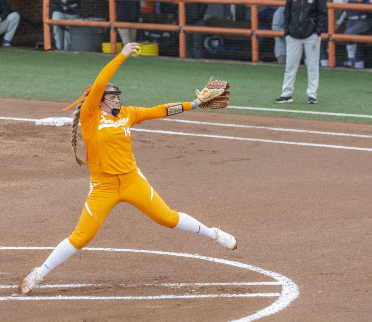 Ashley Rogers, #14, during game against Kansas on Feb. 22, 2019 at Sherri Parker Lee Stadium.