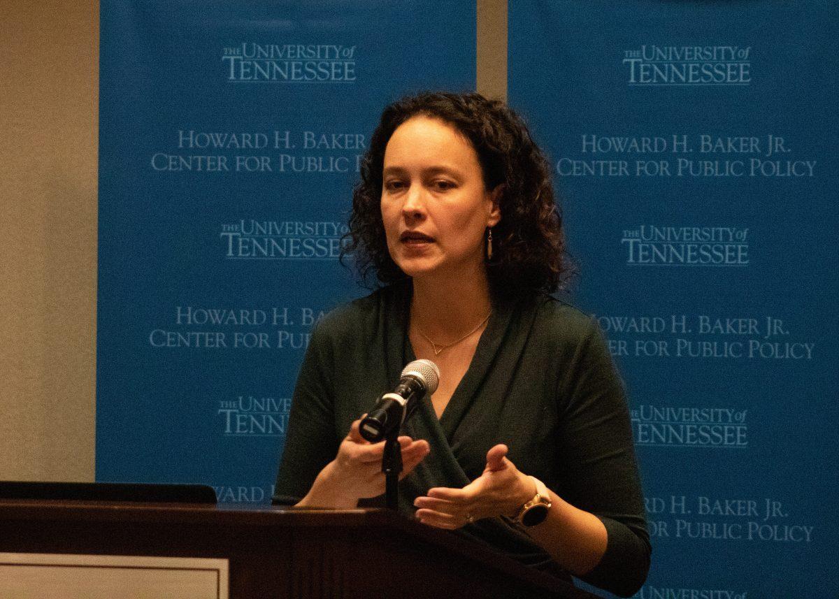 Natalie Ivey, director of Advocacy and Outreach at the Community Coalition Against Human Trafficking, presents on community solutions for human trafficking in the Knoxville area in the Howard Baker Center on Feb. 5 2019.