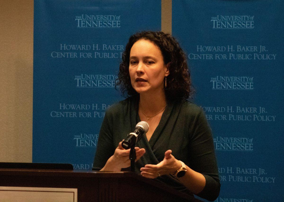 Natalie Ivey, director of Advocacy and Outreach at the Community Coalition Against Human Trafficking, presents on community solutions for human trafficking in the Knoxville area in the Howard Baker Center on Feb. 5 2019.
