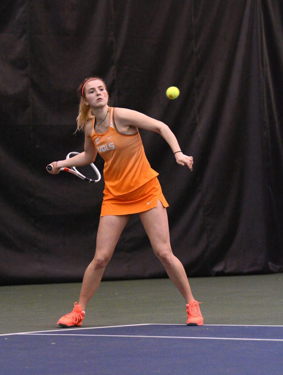 Rebeka Mertena during match against UT Martin on Feb. 24, 2019 at Good Friend Tennis Center. 