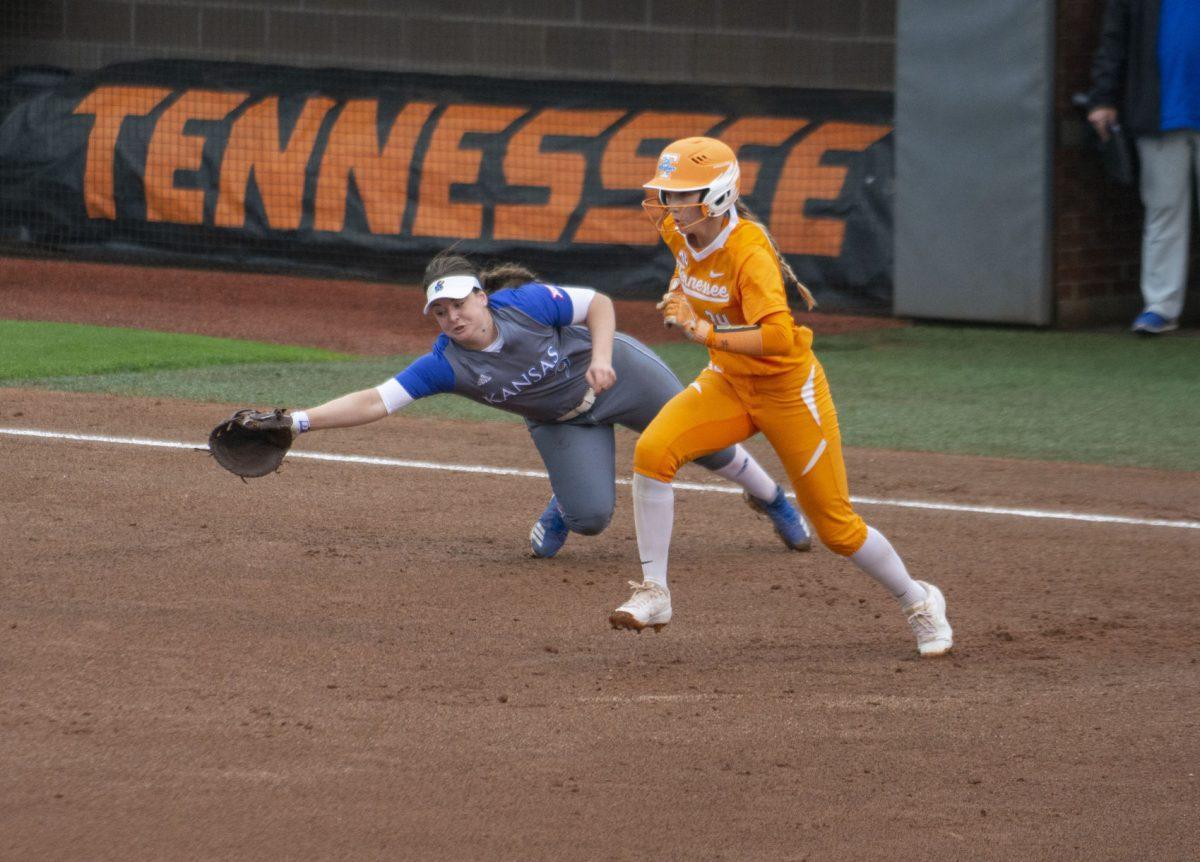 Becki Monaghan, #9, of Kansas and Ally Shipman, #34, of Tennessee during game on Feb. 22, 2019 at Sherri Parker Lee Stadium.