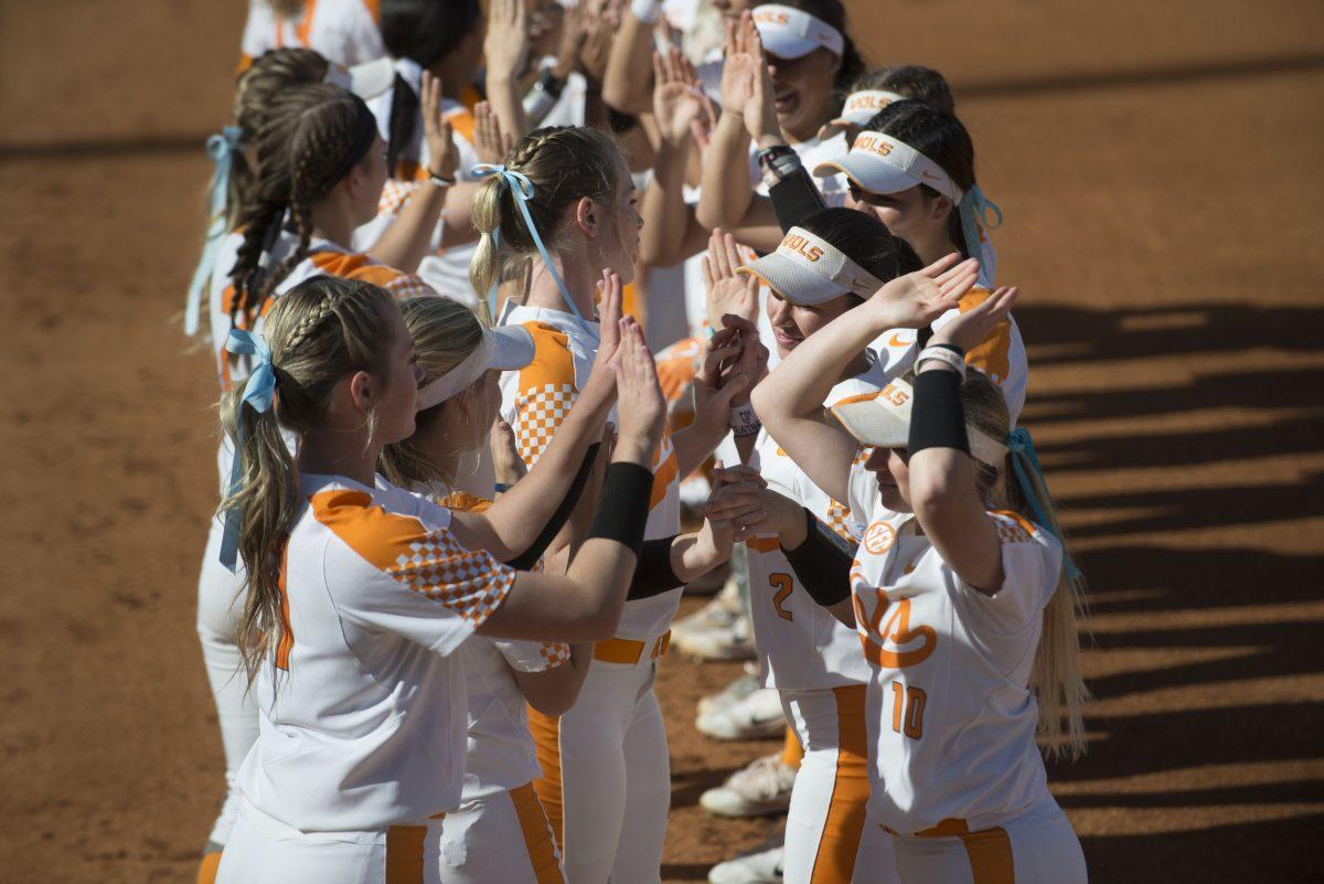 University of Tennessee Softball team before the start of Georgia game, on March 31, 2018.