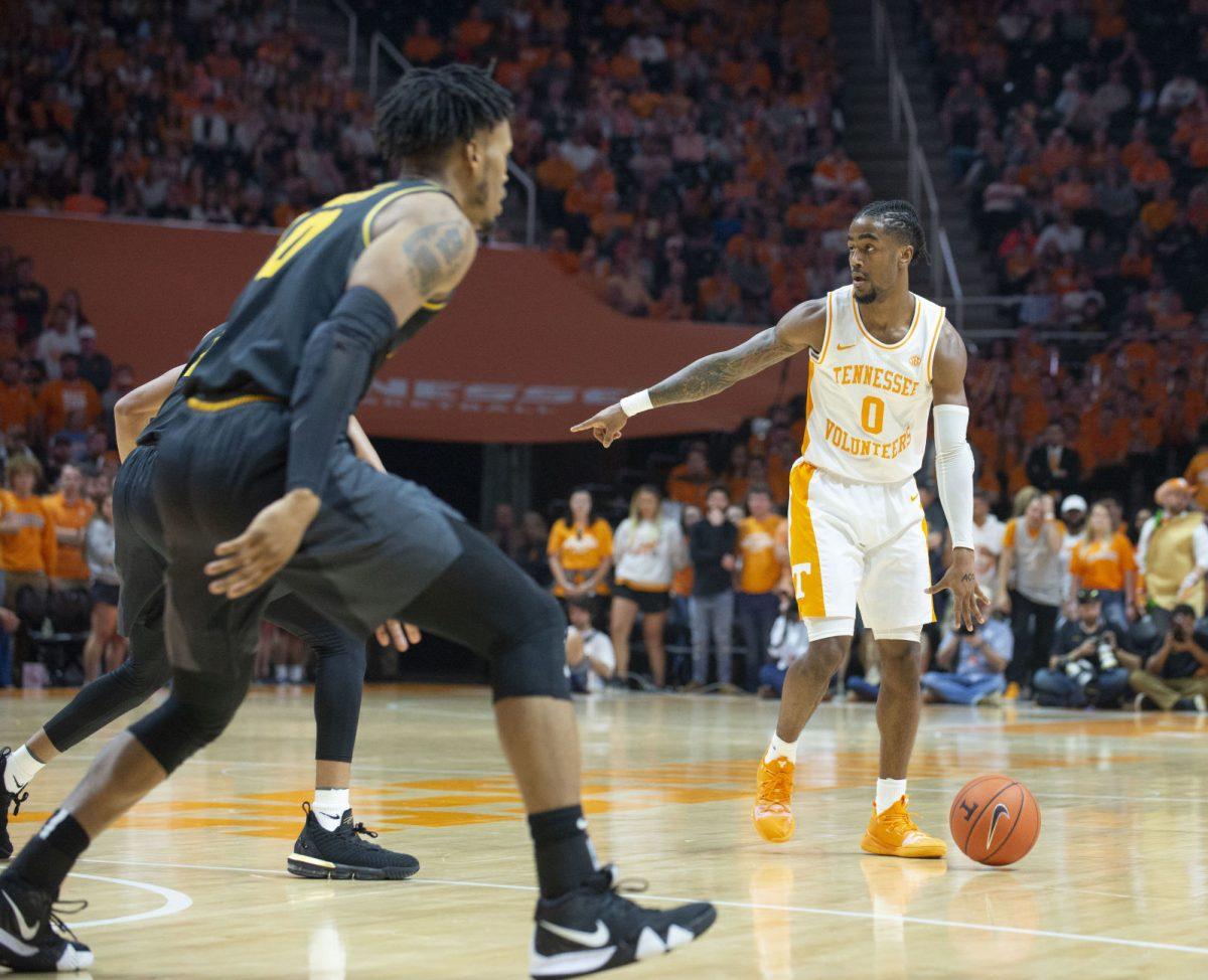 Jordan Bone, #0, dribbles the ball during game against Mizzou on Feb. 5, 2019 at Thompson-boling Arena.