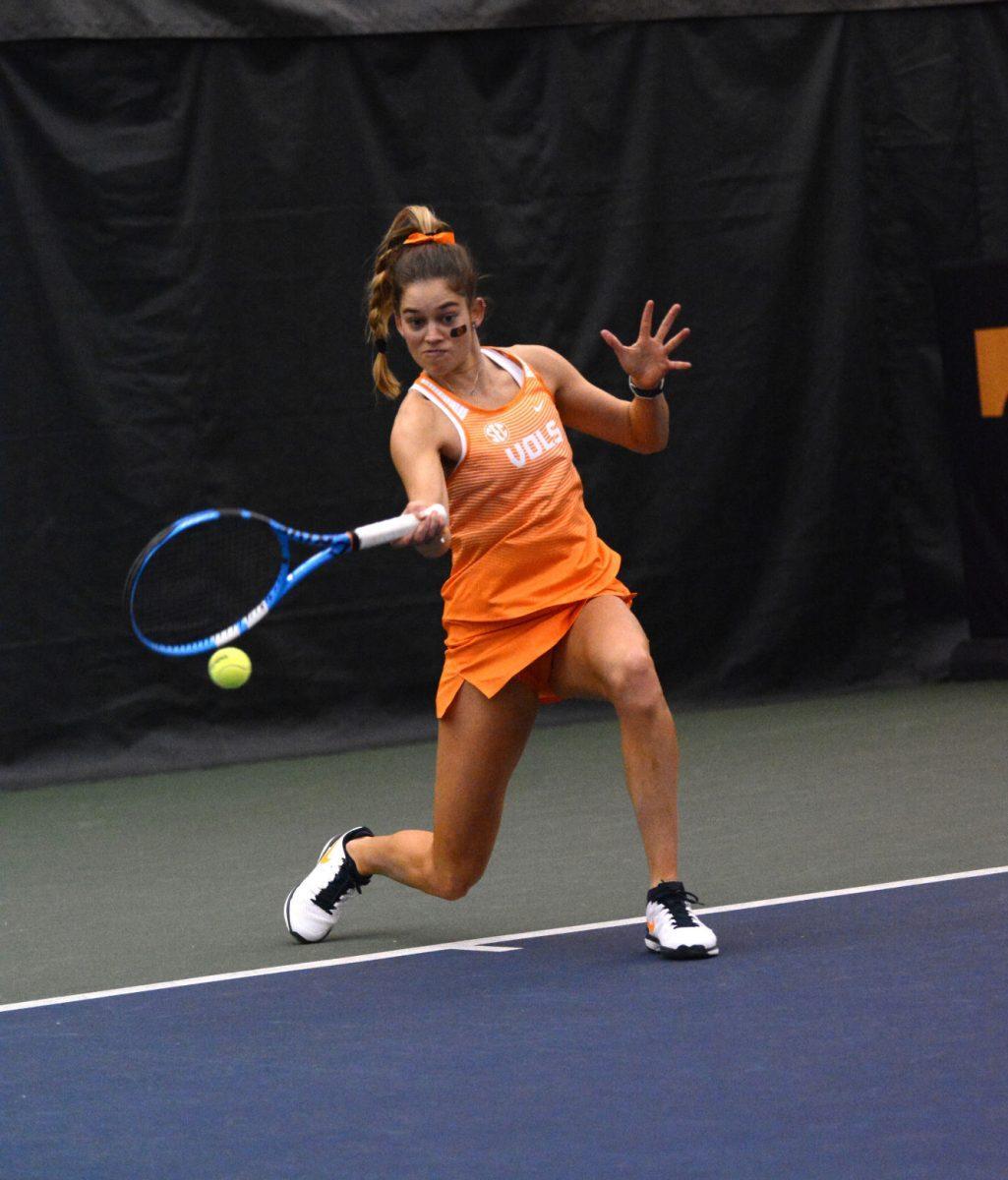 Maia Haumuller during match against UT Martin on Feb. 24, 2019 at Good Friend Tennis Center. 