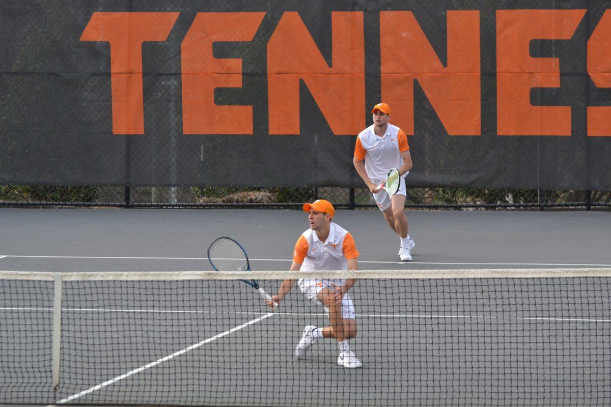 Doubles team, Scott Jones and Andrew Rogers in their match against Texas A&amp;M at Goodfriend Tennis Center on Mar. 23, 2018. 