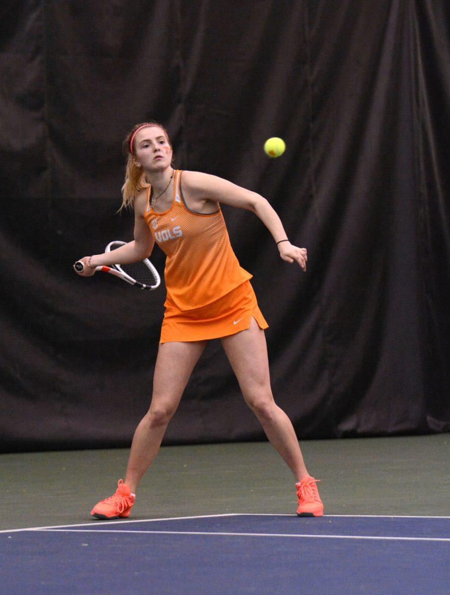Rebeka Mertena during match against UT Martin on Feb. 24, 2019 at Good Friend Tennis Center. 
