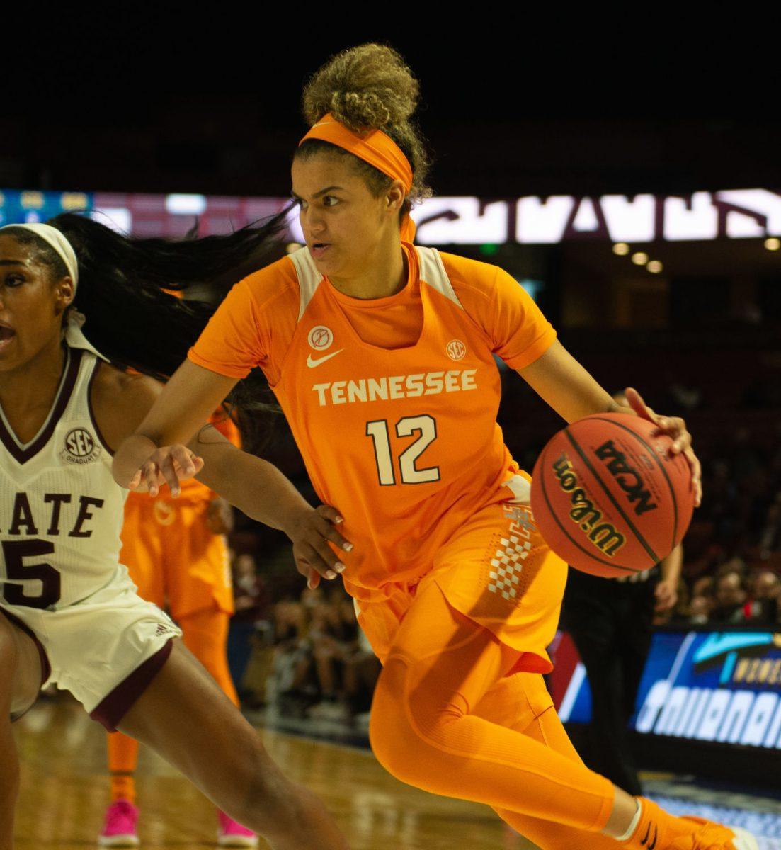 Rae Burrell, #12, dribbles down the court during the SEC Tournament against Mississippi State on Friday March, 8, 2019 at Bon Secours Wellness Arena in Greenville, South Carolina 