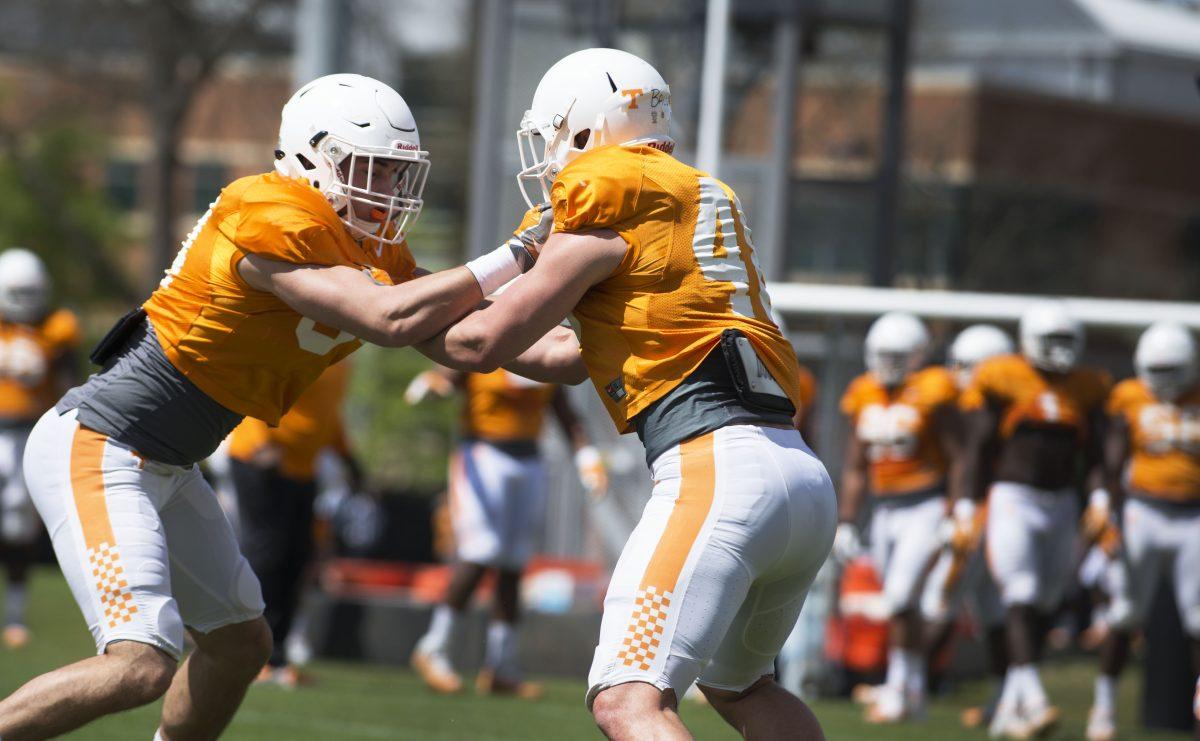 UT football players during spring practice on March 31, 2018.