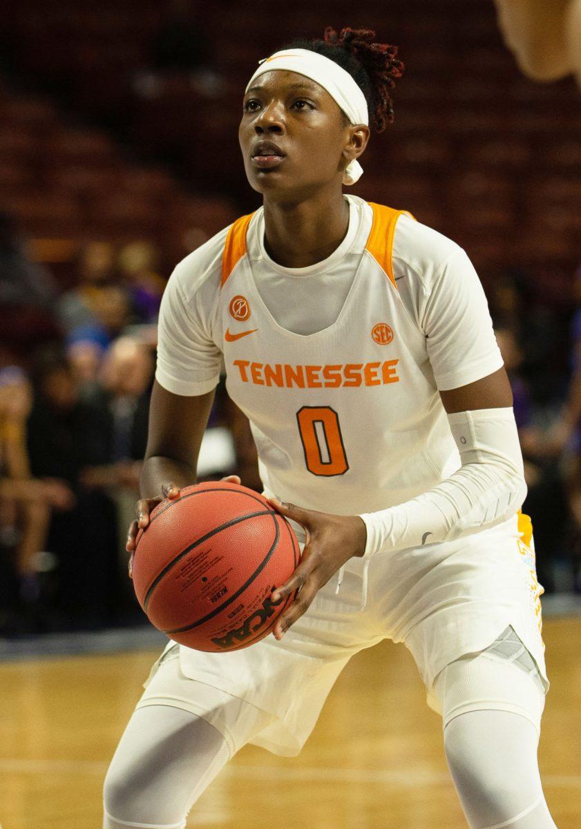 #0, Rennia Davis, prepares before a free throw during the SEC Tournament against Louisiana State University on Thursday March, 7, 2019 at Bon Secours Wellness Arena in Greenville, South Carolina. 