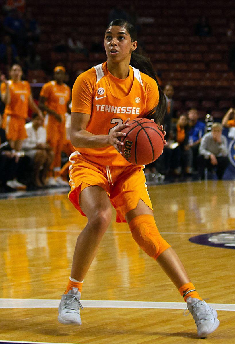 #2, Evina Westbrook looks to pass during the SEC Tournament against Mississippi State on Friday March 8, 2019 at Bon Secours Wellness Arena in Greenville, South Carolina. 