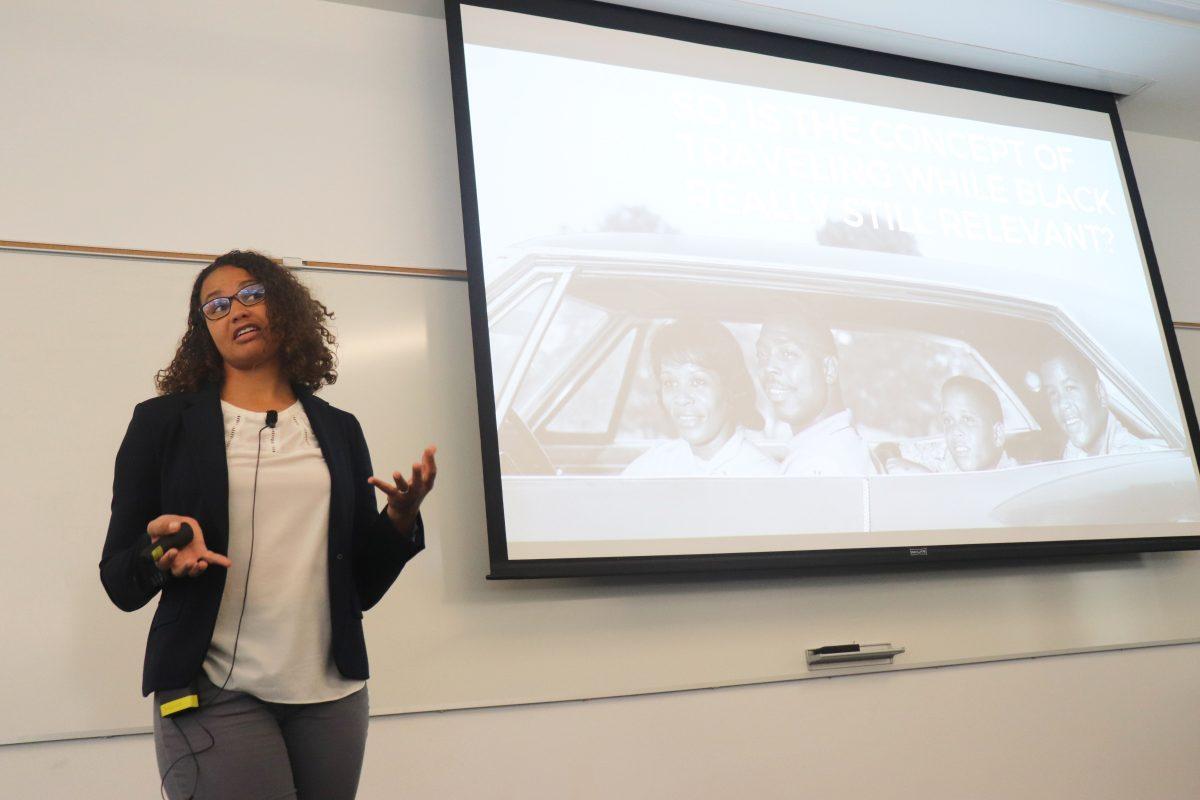 Assistant professor of hospitality and tourism management Alana Dillette of San Diego State University was part of a presentation and discussion at UT this afternoon, bringing awareness to modern black travel on Friday March 29, 2019.