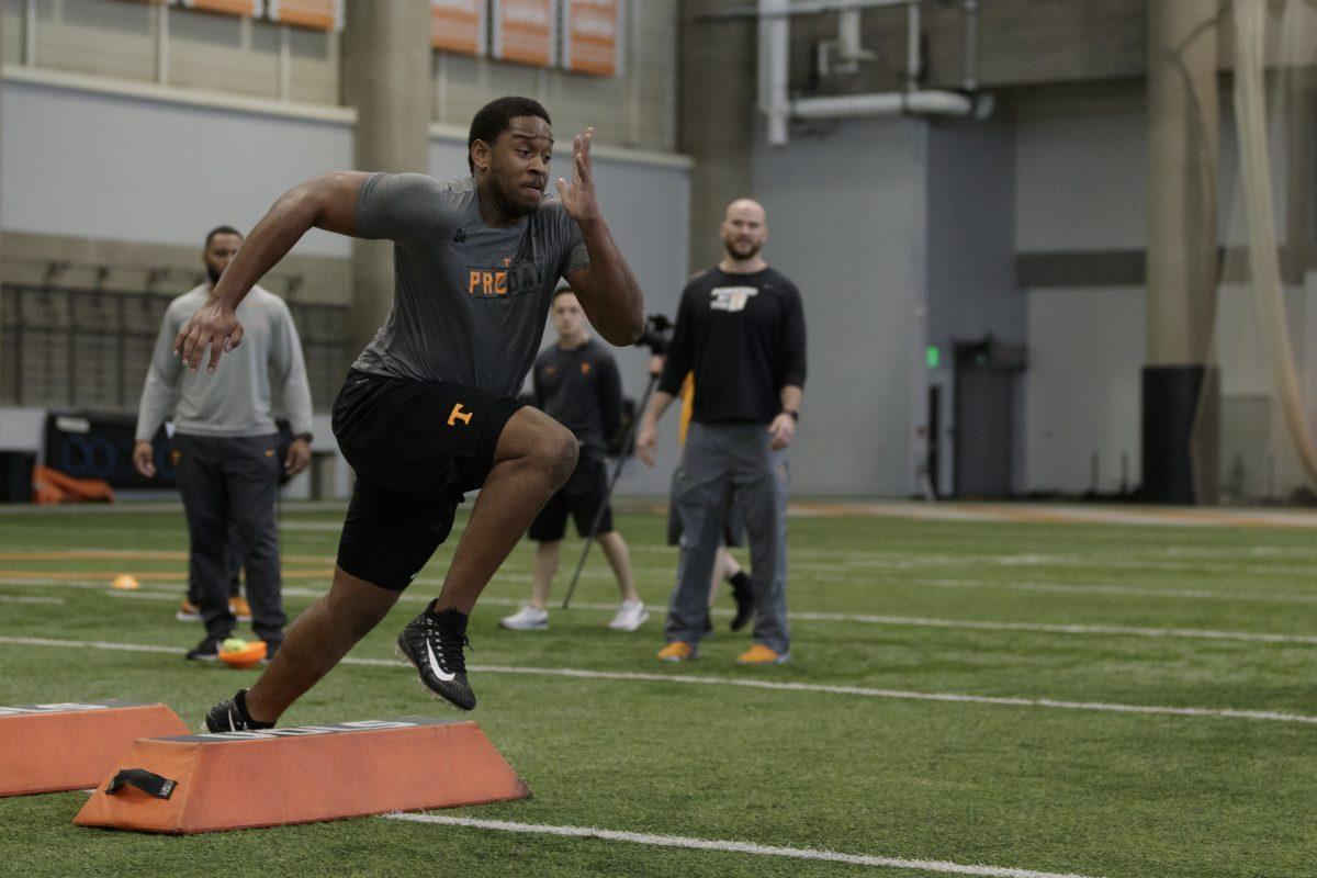 KNOXVILLE, TN - MARCH 14, 2019 - Defensive lineman Kyle Phillips #5 of the Tennessee Volunteers during Pro Day on the Robert E. White indoor field in the Anderson Training Center in Knoxville, TN. Photo By Maury Neipris/Tennessee Athletics
