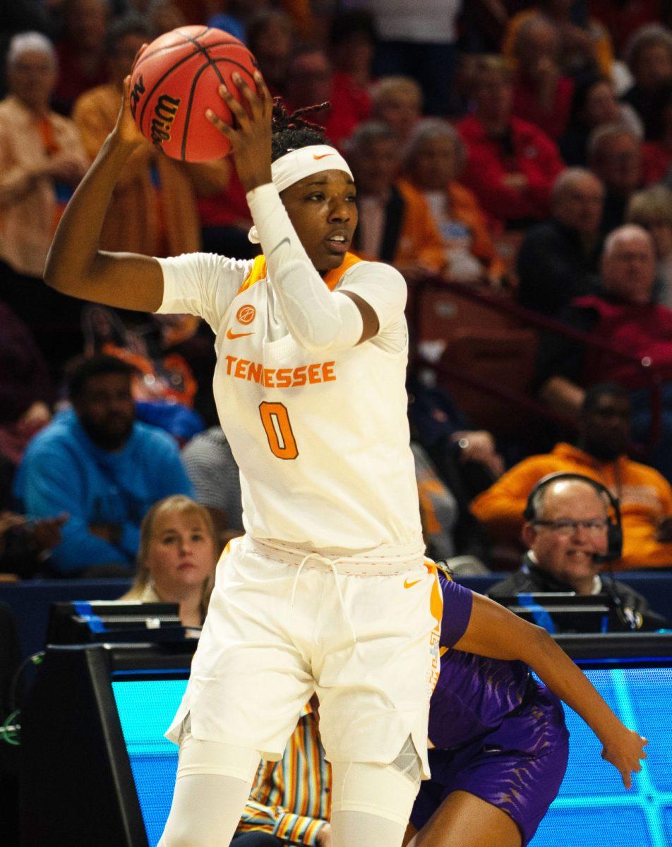 #0, Rennia Davis, looks to make a pass during the SEC Tournament against Louisiana State University on Thursday March, 7, 2019 at Bon Secours Wellness Arena in Greenville, South Carolina. 