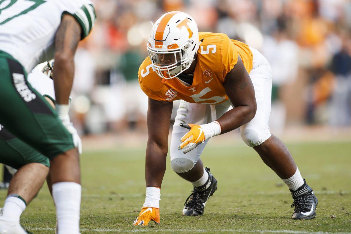 KNOXVILLE, TN - NOVEMBER 03, 2018 - Defensive lineman Kyle Phillips #5 of the Tennessee Volunteers during the game between the Charlotte 49ers and the Tennessee Volunteers at Neyland Stadium in Knoxville, TN. Photo By Jake Bradshaw/Tennessee Athletics