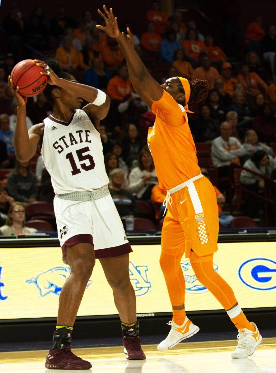 #15, Cheridene Green defends against #15, Teaira McCowan from Mississippi State during the SEC Tournament against Mississippi State on Friday March 8, 2019 at Bon Secours Wellness Arena in Greenville, South Carolina. 