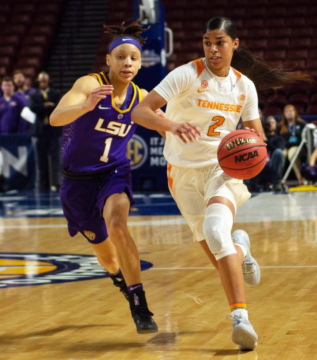 #2, Evina Westbrook, makes a break during the SEC Tournament against Louisiana State University on Thursday March, 7, 2019 at Bon Secours Wellness Arena in Greenville, South Carolina. 