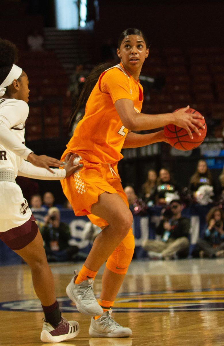#2, Evina Westbrook, sizes up a shot during the SEC Tournament against Mississippi State on Friday March, 8, 2019 at Bon Secours Wellness Arena in Greenville, South Carolina. 