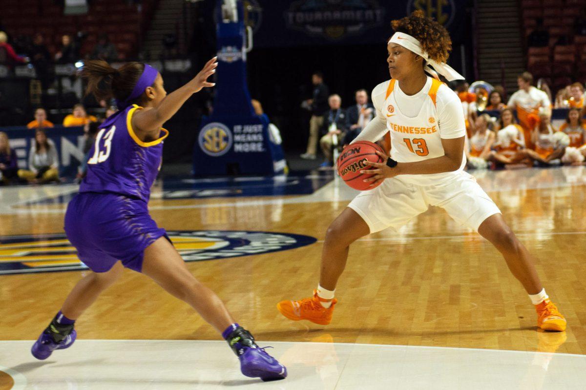 #13, Jazmine Massengill looks for an opening during the SEC Tournament against Louisiana State University on Thursday March, 7, 2019 at Bon Secours Wellness Arena in Greenville, South Carolina. 