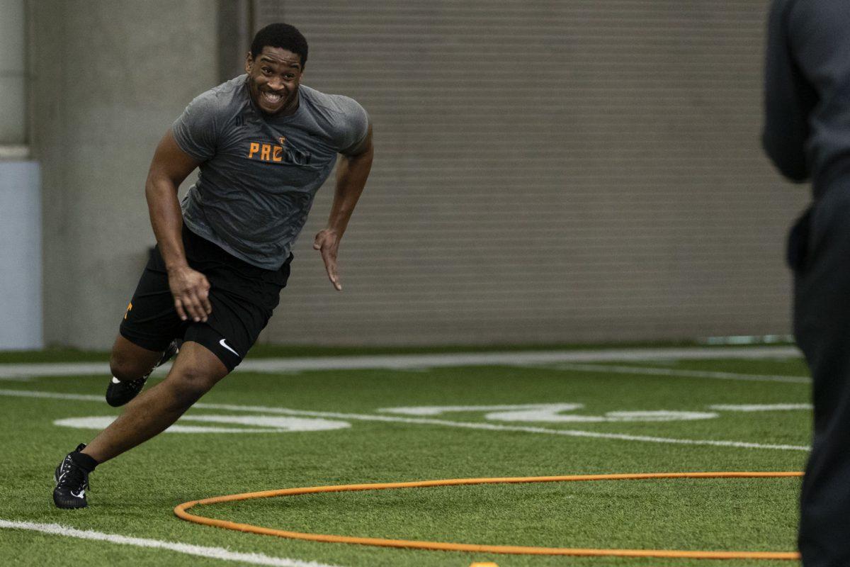KNOXVILLE, TN - MARCH 14, 2019 - Defensive lineman Kyle Phillips #5 of the Tennessee Volunteers during Pro Day on the Robert E. White indoor field in the Anderson Training Center in Knoxville, TN. 