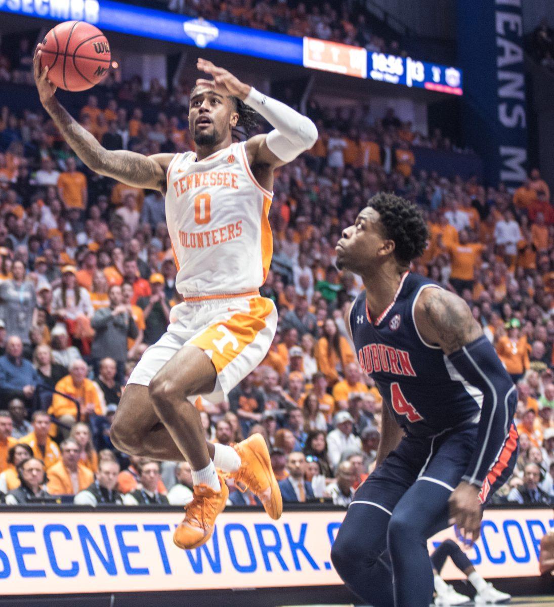 #0, Jordan Bone goes for a layup during the SEC Tournament game against Auburn University at the Bridgestone Arena on Sunday March 17, 2019. 