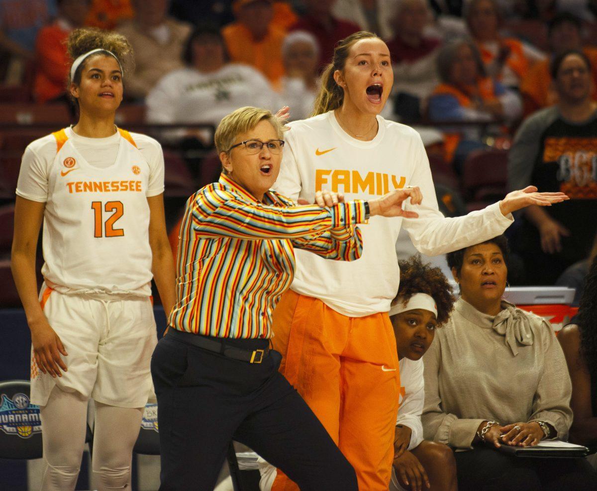 Coach Holly Warlick, #12 Rae Burrell and #21 Lou Brown on the sidelines during the SEC Tournament against Louisiana State University on Thursday March, 7, 2019 at Bon Secours Wellness Arena in Greenville, South Carolina. 