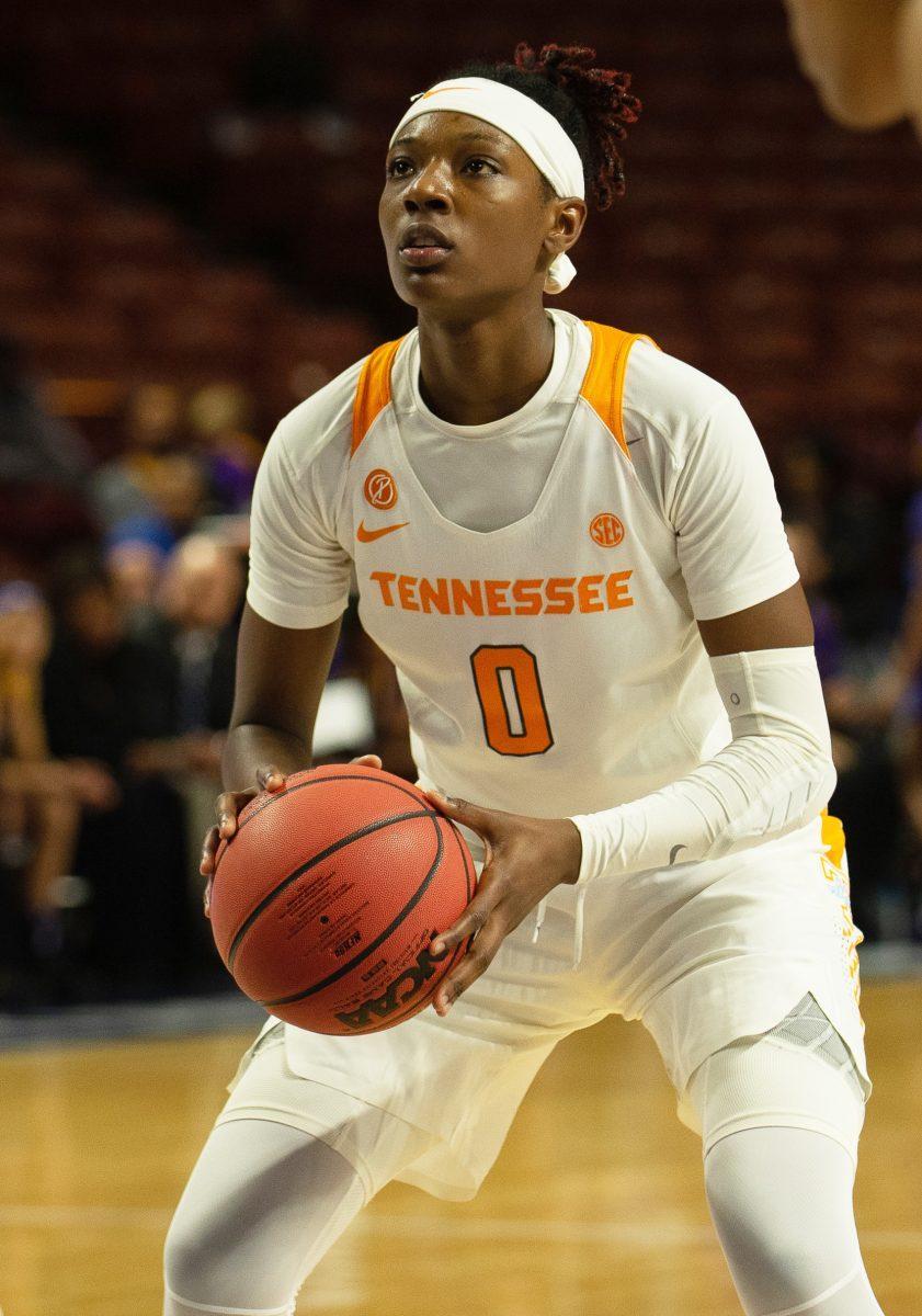 #0, Rennia Davis, prepares before a free throw during the SEC Tournament against Louisiana State University on Thursday March, 7, 2019 at Bon Secours Wellness Arena in Greenville, South Carolina. 