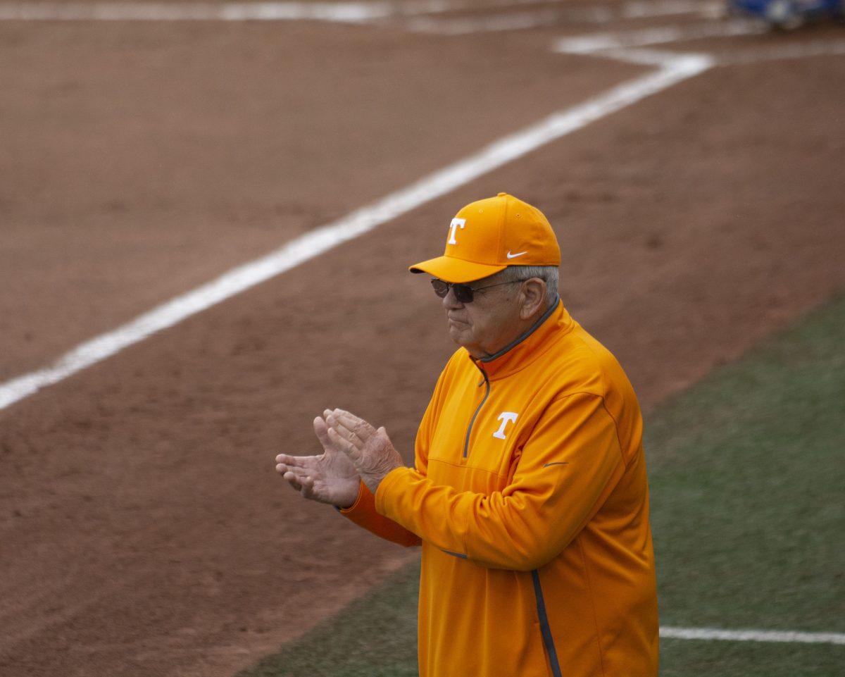 Tennessee softball Co-head Coach Ralph Weekly during game against Kansas on Feb. 22, 2019 at Sherri Parker Lee Stadium.